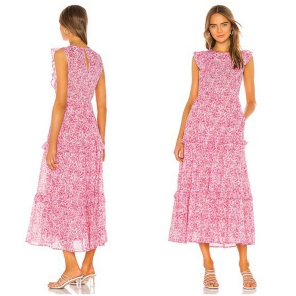 Gorgeous Banjanan Iris Pink Floral Smocked Soft Cotton Clover Field Summer Dress
